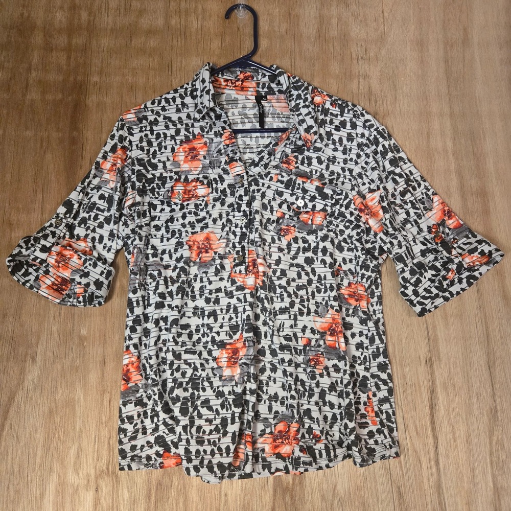 Floral Leopard Print Roll Tab Sleeve Button Front Top Blouse Pocketed Mob Wife